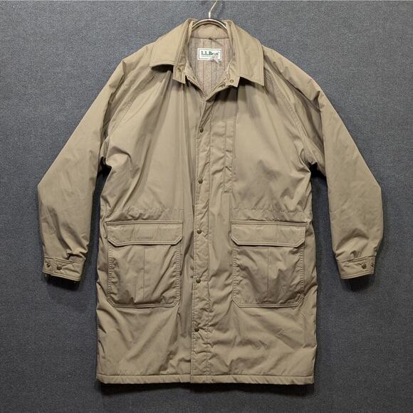 Vintage LL Bean Wool Lined Over Coat Mens XL Long Insulated Tweed Parka Tan